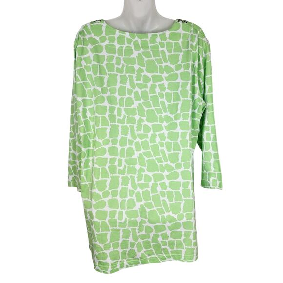 Quacker Factory Women Tunic Top XL Green Giraffe Print Sparkle 3/4 Sleeve Sequin - Picture 2 of 10
